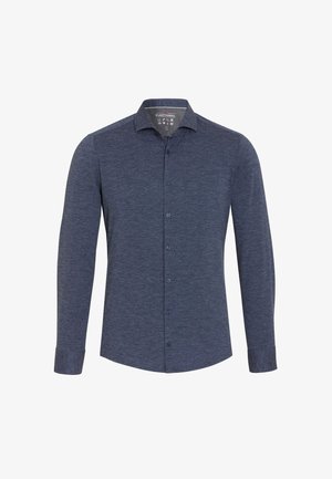 Donkerblauwe langemouwen shirt met een gestructureerd patroon, button-down kraag en een knopenrij aan de voorkant. Voorzien van blauwe knopen en een getailleerde pasvorm.