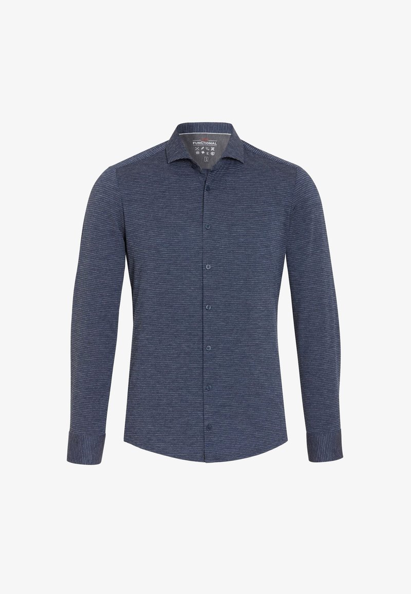 Navyblaues Langarmhemd mit strukturiertem Muster, Knopfkragen und Knopfleiste vorne. Verfügt über blaue Knöpfe und eine taillierte Passform.