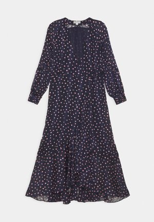 Abito blu navy con maniche lunghe, caratterizzato da pois rosa, design a portafoglio e orlo arricciato. Realizzato in un tessuto leggero e fluido.