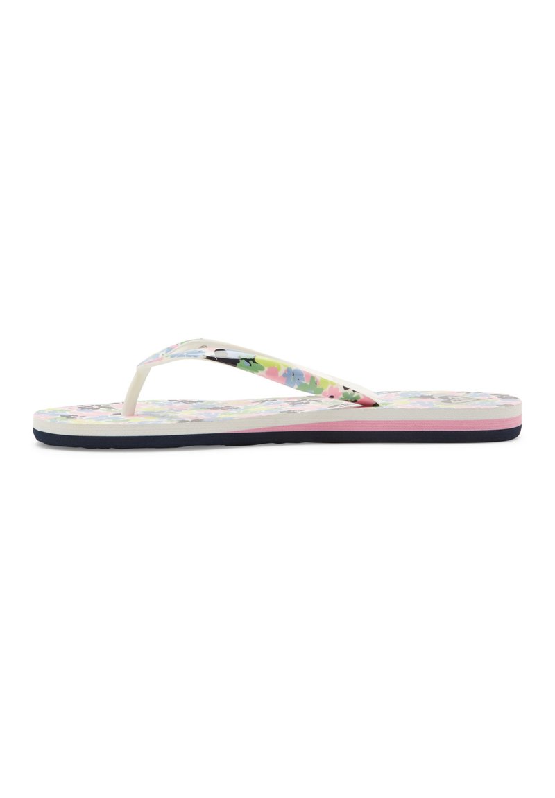Flip-flop sandaalit, joissa on kukkakuosi pastellisävyissä, kumiset hihnat ja monikerroksinen pohja vaaleanpunaisena, harmaana ja tummansinisenä.