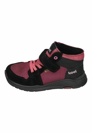 Children's high-top sneaker with black and pink mesh, pink laces, black strap, and "koel" logo on the side and tongue.