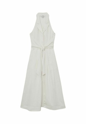 Hihaton valkoinen midimekko, jossa leveä kaulus ja edessä solmittava vyö. Mekossa on liehukehelma ja avoin etuosasuunnittelu.