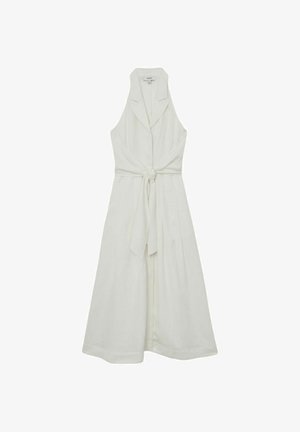 Biele midi šaty bez rukávov s širokým golierom a predným zaväzovacím opaskom, s rozšírenou sukňou a dizajnom s otvoreným predným dielom.