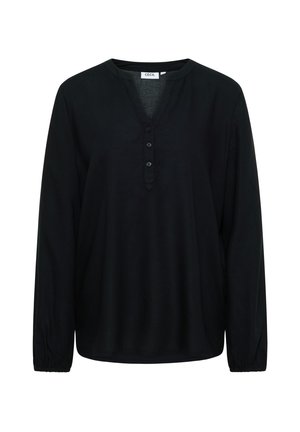 Camisa negra de manga larga con escote en pico y cierre de botones. Presenta puños fruncidos y un corte relajado. Fabricada en un tejido suave y ligero.