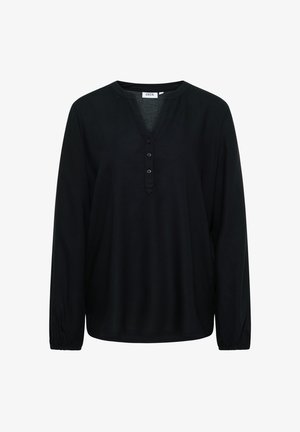 Czarna koszula z długim rękawem, z dekoltem w serek i zapięciem na guziki. Posiada gathered cuffs oraz luźny krój. Wykonana z miękkiego, lekkiego materiału.