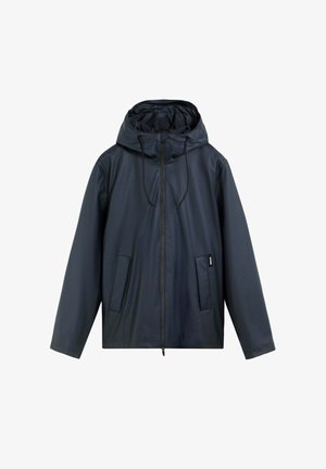 Donkerblauwe jas met capuchon, voorrits, trekkoorden aan de capuchon en twee voorzakken.