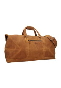 Brown leather duffle bag with a textured finish, two sturdy handles, an adjustable strap, and a front zip pocket.