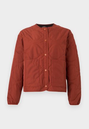 Rust-colored quilted jacket with snap buttons, long sleeves, round neckline, and two front patch pockets on a white background.
