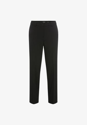 Zwarte, recht gesneden op maat gemaakte broek met riemlussen, een knoop aan de voorkant en ritssluiting, getoond tegen een witte achtergrond.