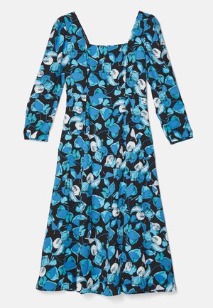 Φλοράλ φόρεμα με τετράγωνη λαιμόκοψη, μακριά μανίκια και μαύρο φόντο με μπλε και λευκά λουλουδάτα μοτίβα. Φτιαγμένο από ελαφρύ ύφασμα.