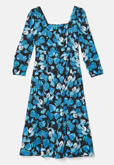 Φλοράλ φόρεμα με τετράγωνη λαιμόκοψη, μακριά μανίκια και μαύρο φόντο με μπλε και λευκά λουλουδάτα μοτίβα. Φτιαγμένο από ελαφρύ ύφασμα.