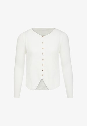 Pulover alb cu model côrd și guler rotund, mâneci lungi și închidere cu nasturi, având nasturi aurii pe față. Bretelele sunt înclinate.