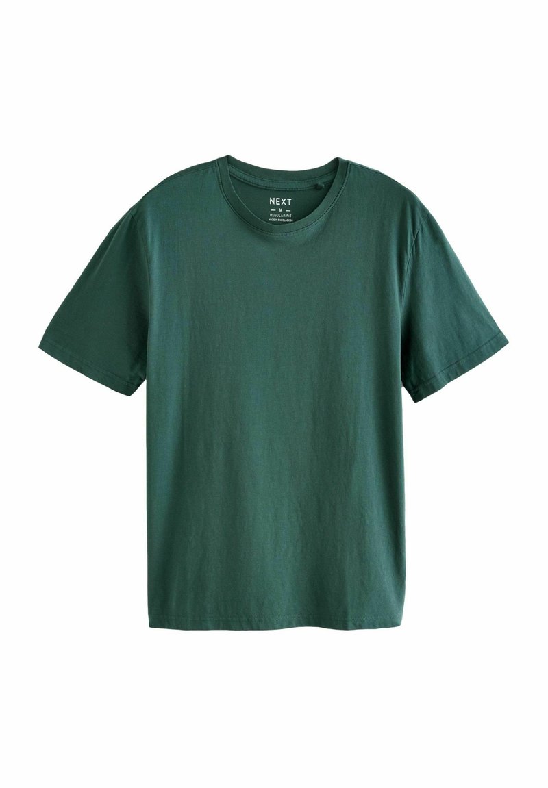 Mørkegrøn kortærmet t-shirt lavet af bomuld med rund halsudskæring og en afslappet pasform. Ingen synlige mønstre eller accenter.
