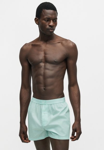 Μυώδης άνδρας με σκουρόχρωμο δέρμα που φοράει ανοιχτό μπλε ριγέ μποξεράκια, στέκεται μπροστά σε απλό λευκό φόντο.