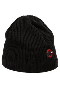 Black knit beanie featuring a ribbed texture and a red circular patch with a black elephant design on the side. Soft, stretchy material.