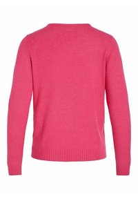 Różowy sweter, miękka tekstura, okrągły dekolt, długie rękawy, ściągacze na dole i przy mankietach. Prosty design, brak widocznych wzorów czy ozdób.