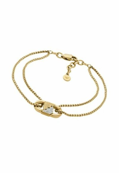 Gul dubbelkedjearmband med en central låsdesign som har diamantackenter och ett texturerat mönster. Inkluderar en säker spänne.