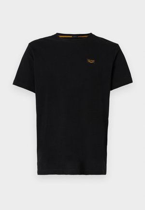 T-shirt nera di cotone con maniche corte, colletto tondo e un piccolo patch con logo giallo a contrasto nella zona sinistra del petto.