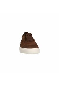 Brown suede sneaker with round toe, brown laces, and white rubber sole. Features stitching detail and a minimalistic design.