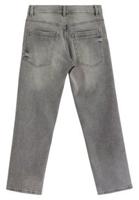 Grå denimjeans med rak passform, med två bakfickor och en ren fåll. Texturen är mjuk med lätt blekning.