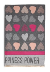 Écharpe grise avec des rangées de cœurs roses, rouges et gris, et une bande rose au-dessus du texte partiel « HAPPINESS POWER ».