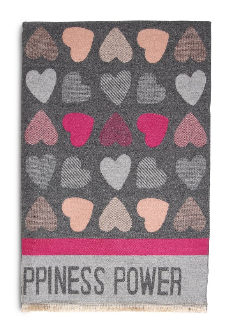 Écharpe grise avec des rangées de cœurs roses, rouges et gris, et une bande rose au-dessus du texte partiel « HAPPINESS POWER ».