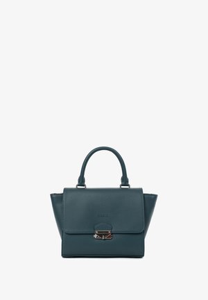 Sac à main en cuir vert foncé avec poignée supérieure, fermeture à rabat et verrou à torsion rectangulaire argenté au centre avant.