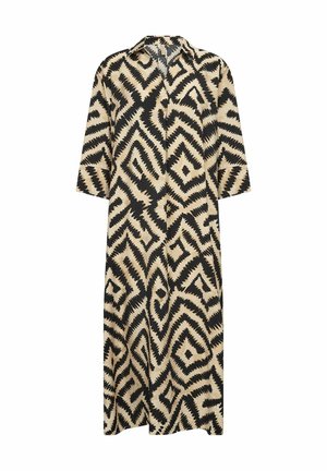 Garšīga, ar apkakli tērpa kleita bēšā un melnā zigzag rakstā, ar trim ceturtdaļslēgām un taisnu griezumu, izgatavota no viegla auduma.