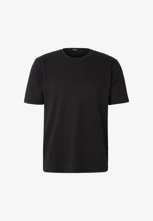 Svart T-skjorte med korte ermer, rund hals og vanlig passform, vist mot en hvit bakgrunn.