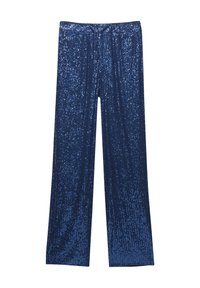 Granatowe spodnie z cekinami o prostym kroju, z elastycznym pasem w talii. Tekstura jest refleksyjna, tworząc błyszczący efekt.