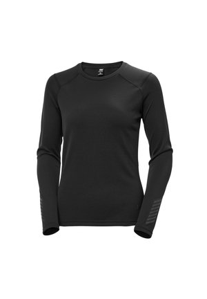 Zwart sportshirt met lange mouwen, een gestructureerd oppervlak, een ronde halslijn en gestreepte accenten op de manchetten. Gemaakt van ademend materiaal.