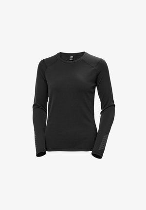 Long-sleeve black athletic shirt with a textured surface, round neckline, and striped accents on the cuffs. Made of breathable material.