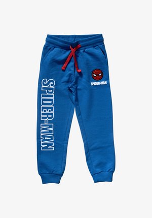 Blauwe sweatpants van katoen, met een rode koord, witte tekst "SPIDER-MAN" en een rode Spider-Man logo-applicatie.