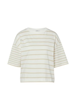 Witte top met korte mouwen, beige horizontale strepen en een ronde hals, losse pasvorm en een merkembleem bij de kraag.