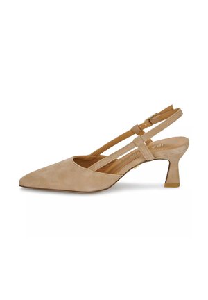 Chaussure slingback femme en daim beige avec bout pointu, talon carré bas et bride de cheville réglable avec boucle.