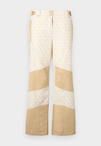 Pantalons de neige beiges avec un tissu à motifs et des accents de couleur unie. Comprend deux boutons, plusieurs poches et des jambes larges. Finition texturée.