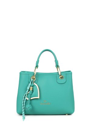 Borsa in pelle turchese con doppi manici, ciondolo a forma di cuore dorato, nappine annodate e logo dorato "braccialini" sul davanti.