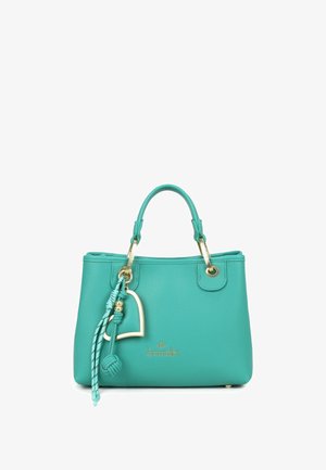 Borsa in pelle turchese con doppi manici, ciondolo a forma di cuore dorato, nappine annodate e logo dorato "braccialini" sul davanti.