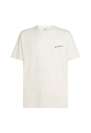 Lühikeste varrukatega, ümara kaelusega t-särk vanvalges puuvillas. Vasakul rinnal musta ja helesinisega väike graafiline kujundus.