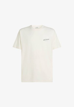 T-shirt à manches courtes et col rond en coton blanc cassé. Présente un petit motif graphique sur le côté gauche de la poitrine en noir et bleu clair.