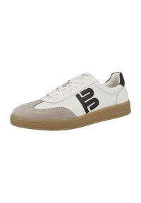 Sneaker bianca con punta in suede grigia e logo di accento nero. Presenta una punta tonda, design con lacci e suola in gomma color beige.