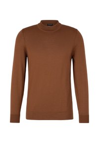 Brauner Langarmpullover mit hohem Kragen, ausgestattet mit einer glatten Textur und gerippten Bündchen, vor einem schlichten weißen Hintergrund präsentiert.