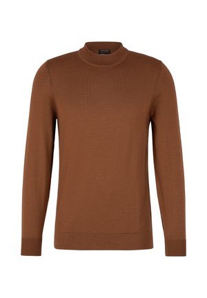 Maglione lungo marrone a maniche lunghe con colletto alto, caratterizzato da una superficie liscia e polsini a coste, esposto su uno sfondo bianco uniforme.