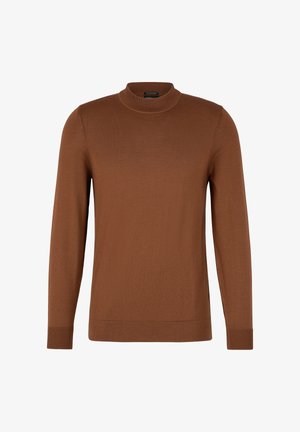 Brauner Pullover mit langen Ärmeln und hohem Kragen, gefertigt aus einem glatten, fein gestrickten Stoff. Bündchen und Saum sind mit Rippstrick versehen.