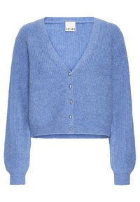 Cardigan blu a manica corta con scollatura a V, texture a costine e chiusura con bottoni argentati. Presenta maniche lunghe con polsini aderenti.