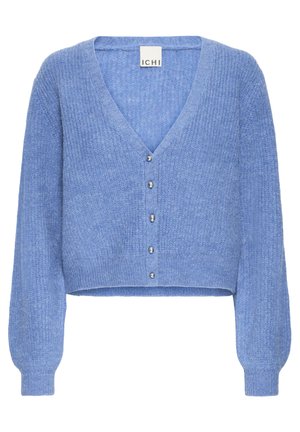 Blue cropped cardigan with a V-neck, ribbed texture, and silver-button closure. Features long sleeves with fitted cuffs.