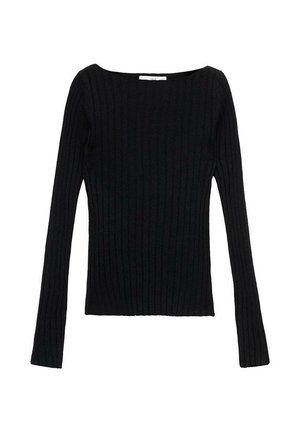 Haut noir à manches longues en rib avec décolleté carré, coupe slim et tissu texturé. Idéal pour le superposition ou un look décontracté.