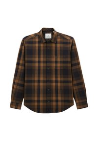 Chemise à manches longues à carreaux marron et bleu marine, avec un col évasé et une poche poitrine, fabriquée dans un tissu à texture lisse.