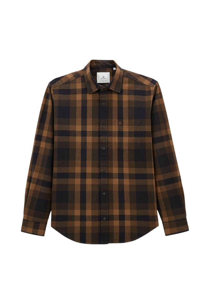 Chemise à manches longues à carreaux marron et bleu marine, avec un col évasé et une poche poitrine, fabriquée dans un tissu à texture lisse.