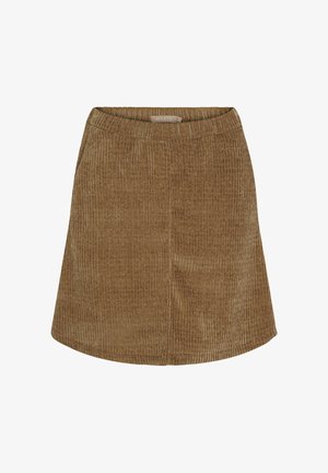 Brun mininederdel i kordfløjl med en udvidet form, der har en blød tekstur, elastisk taljebånd og lodret ribbet mønster.